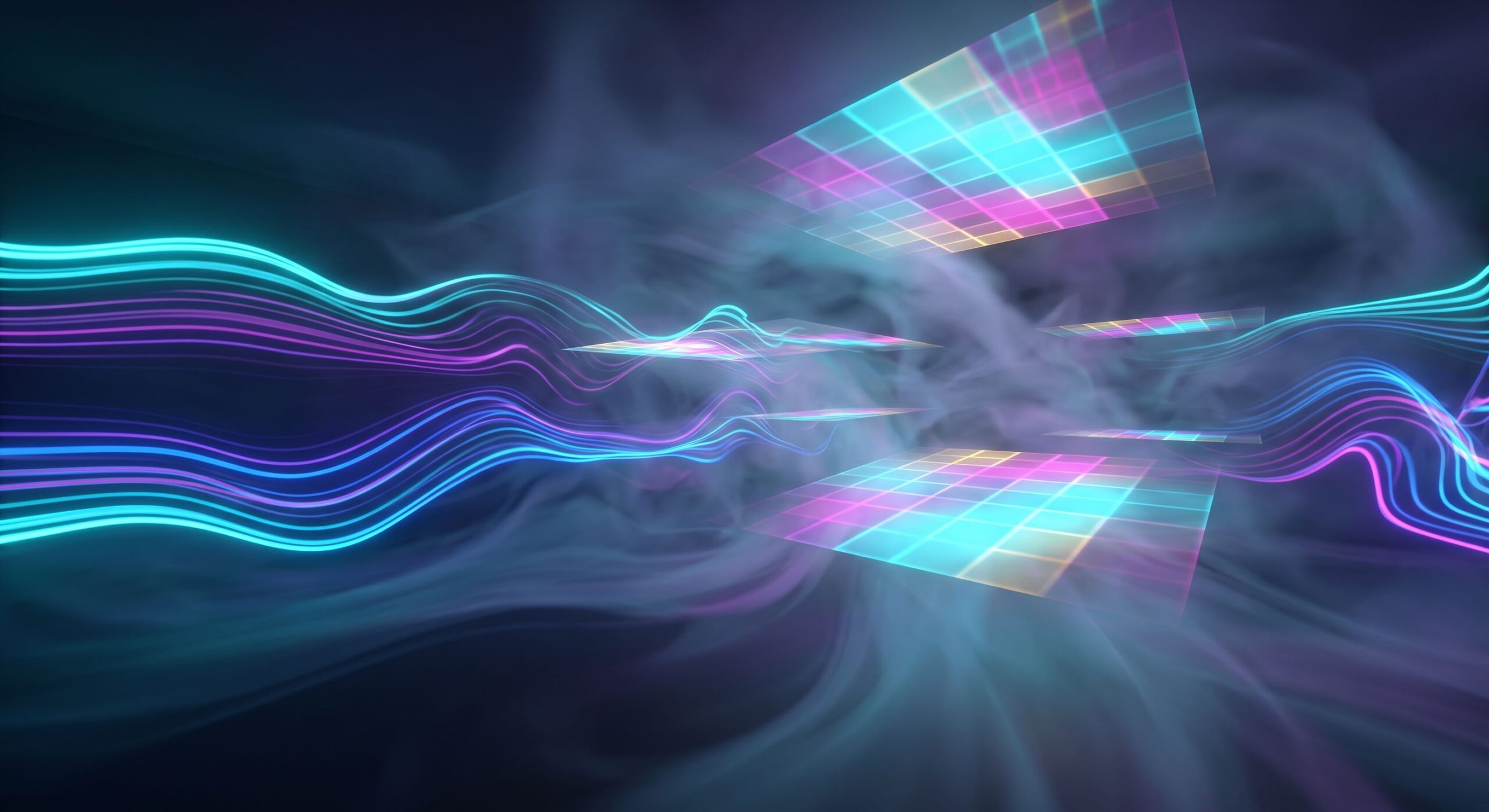 Abstract light patterns inside multi-wall projection rooms for interactive events