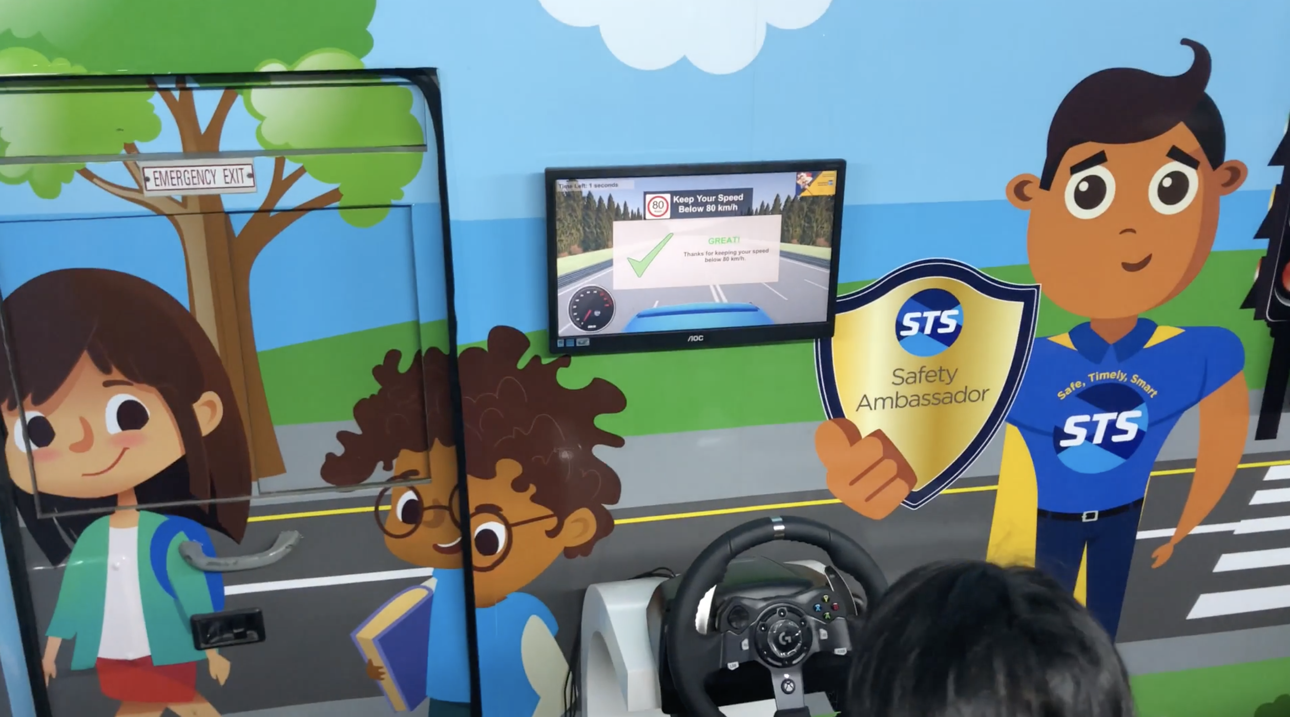 Interactive STS bus driving simulator game promoting road safety engagement.